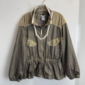 Out Brook Vintage Windbreaker Jacket Olive Gold‎ Graphic Zip Up Womens Large 80s